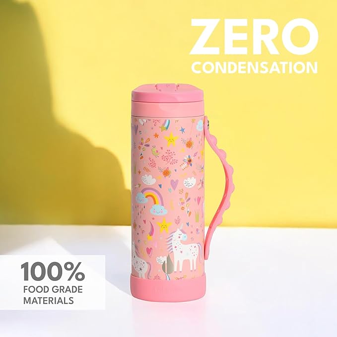 Elemental Iconic Kids Water Bottle for School - 100% Leak-Proof Insulated Water Bottles with Straw Lid & Pop-It Handle for Boys & Girls - Triple-Wall Insulated & BPA-Free, 14oz – Pink Unicorn