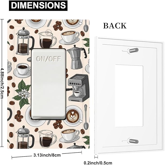 Whimsical Coffee Shop Single Rocker Switch Cover - 1-Gang Standard US Size Vintage Coffee Pattern Light Switch Covers, Café Culture Espresso for Dining Room Decor