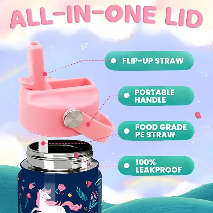 Unicorn Water Bottle - Kids Water Bottle Straw Lid - Insulated 12 Oz Stainless Steel Water Bottles for Kid Girl - Travel Cup for School Sports
