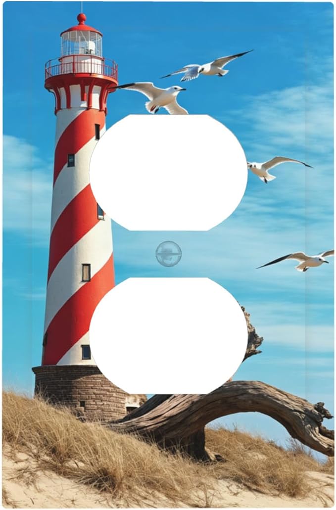 Lighthouse Coastal Scene Duplex Wall Plate - 1-Gang Standard US Size Nautical Coastal Beacon Outlet Covers for Living Room Bathroom Decor