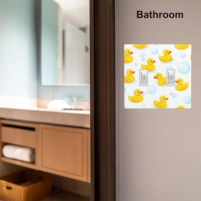 Yellow Rubber Duck 2-Gang Double Toggle Switch Plate, Cute Duck Bubble Wall Plate for Kids Bathroom, Nursery & Boys Girls Room