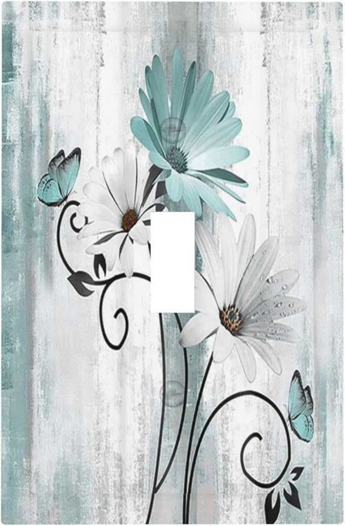 Teal Daisy Vintage Flower Butterfly Rustic Wood Print Decorative Light Switch Cover 1 Gang Single Toggle Device Electrical Faceplate Switchplates Decorator Outlet Wall Plate for Farmhouse Home Decor