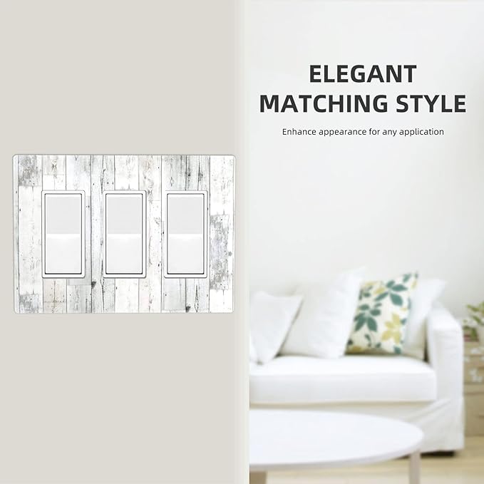 Grey White Wood 3 Gang Triple Rocker/Decor Light Switch Wall Plate Cover Decorative Electrical Faceplate for Kids Living Room Bedroom Decor Screwless 6.57" x 4.65