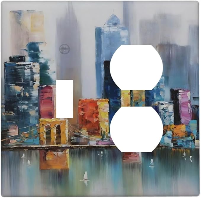 Colorful Nyc Skyline Textured Modern Abstract Wallplates 1 Toggle 1 Duplex Switch Plate Electrical GFCI Faceplate Decorative Light Switch Covers for Bedroom Living Room Decor