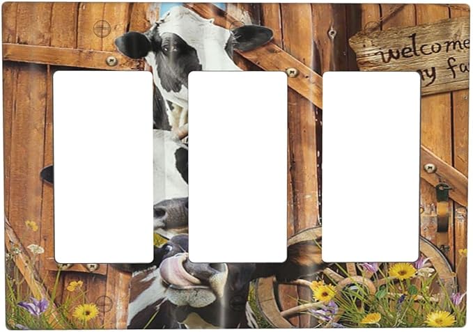 Decorative Switch Plate Covers Farm Cow Farmhouse Barn Door Rustic Vintage Wooden 3 Gang Triple Rocker Decora Light Switch Cover Country Wildlife Funny Outlet Wall Plate Electrical Faceplate GFCI