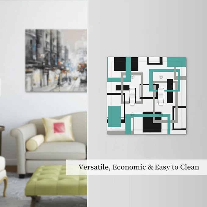 Geometric Turquoise Black Gray Modern Abstract Boho Decorative Switch Plates 2 Gang Double Toggle Outlet Light Switch Cover Wall Plate Electrical Faceplate for Office Nursery Decor