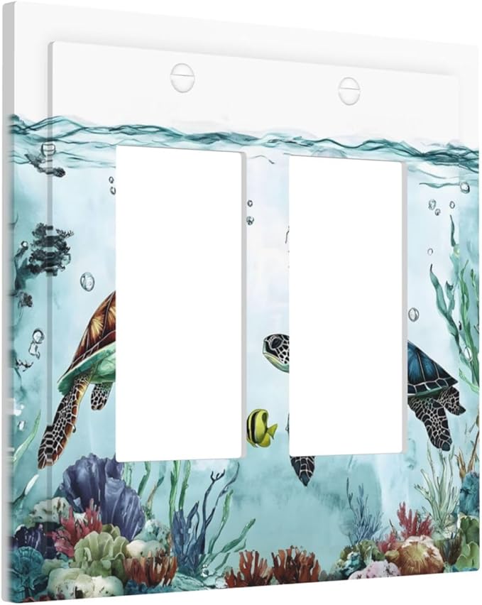 Sea Turtles Sea Coral Seaweed Ocean Jellyfish Decorative Outlet Covers 2 Gang Double GFCI Rocker Electrical Wall Panels Light Switch Cover Plate for Kids Room Bathroom Decor
