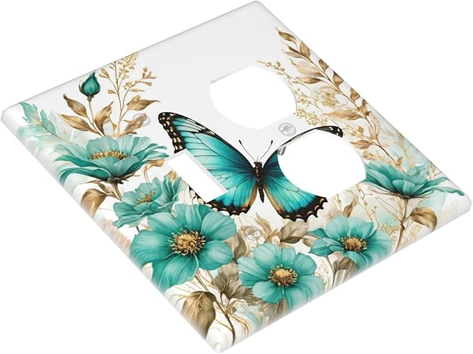 Decorative Outlet Covers Butterfly on Blue Daisy Flower Floral Golden Leaf 2 Gang Wall Plate Cover Single Toggle Duplex Combo Two Switch Light Switch Cover Plate Face Plate