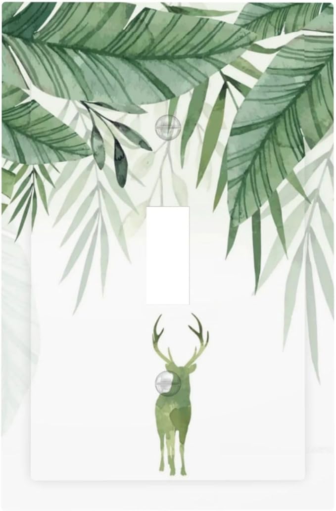 Deer Banana Leaves Palm Trees Green Plants Decorative Light Switch Cover 1 Gang Single Toggle Device Electrical Faceplate Switchplates Decorator Outlet Wall Plate for Bed Room Living Room Decor