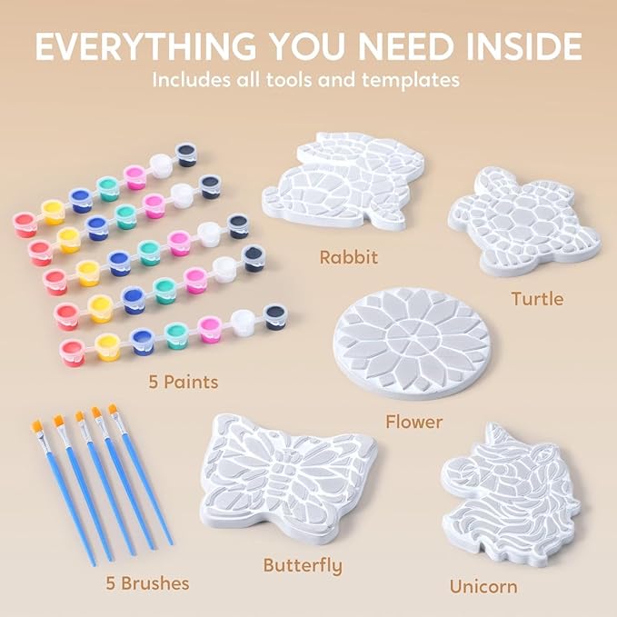 Klever Kits JOVA Stepping Stones Painting Kit for Kids - Paint 5 Garden Stones, Ceramic Garden Decor, Unicorn Craft Kits for Boys, Easter Crafts Gifts for Boy, Girl Age 8+ Year Old - Summer Gift
