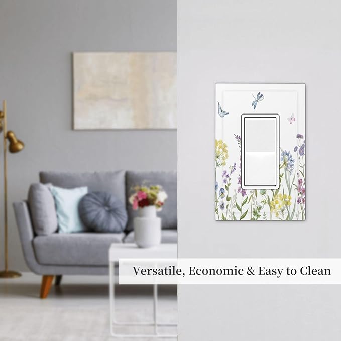 Colorful Wildflowers Dragonfly Lavender Butterfly Insect Decorative Outlet Covers 1 Gang Single Rocker Light Switch Cover Plate Wall Plates GFCI Faceplate for Bedroom Living Room Decor