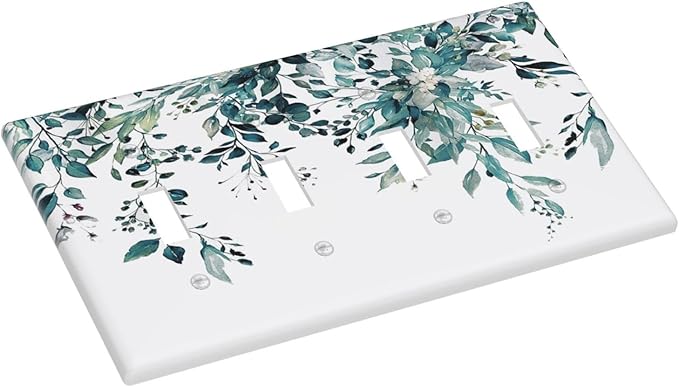 Decorative Light Switch Cover Plate Green Eucalyptus Boho Olive Leaves Country Unique 4 Gang Wall Plate Switch Plate Covers Quad Toggle Jumbo Electrical Faceplate for Bedroom Decor
