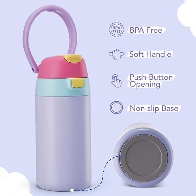 12 oz Water Bottle Insulated, 304 Stainless Steel Insulated Kids Water Bottle with Straw, 2-in-1 Lid Toddler Cups for School Boys Girls, BPA-Free, Leak-Proof, Great for Sport, Travel, Gift, Rainbow