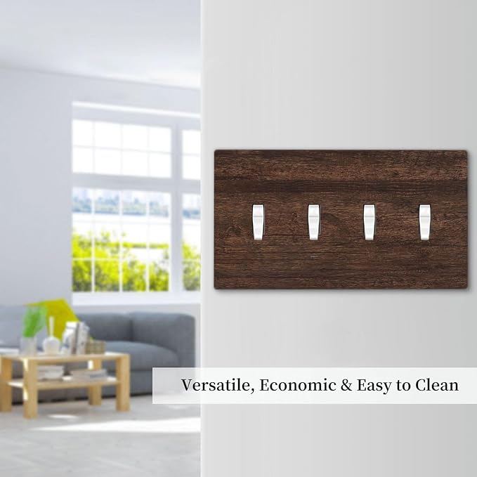 Decorative Switch Plate Cover with Rustic Dark Wood Grain & Vintage Style Design 4 Gang Artistic Wall Plate Unique Quad Toggle Light Switch Covers for Kitchen/Living Room