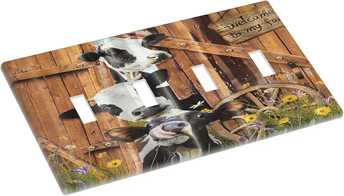 Decorative Switch Plate Covers Farm Cow Farmhouse Barn Door Rustic Vintage Wooden 4 Gang Device Light Switch Cover Country Wildlife Funny Quad Toggle Wall Plate Electrical Faceplate