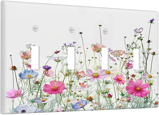 Light Switch Covers Boho Colorful Flowering Plant Wild Flower Quad Toggle Electrical Faceplate 4 Gang Wall Plate Decorative Switch Plates For Bed Room Living Room Decor