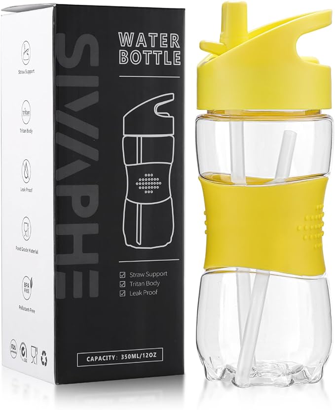 Sivaphe Clear Water Bottle with Straw 12 oz Portable Tritan Transparent Sports Drinking Bottle for School Girls Boys Yellow