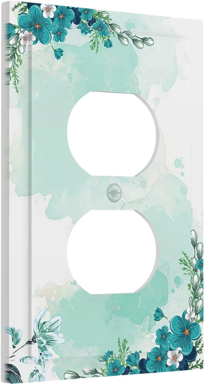 Outlet Covers Blue Green Flowers Light Green Watercolor Patterns 1 Gang Duplex Light Switch Cover Electrical Receptacle Faceplate Wall Plate Decorative Switch Plates for Bedroom Home
