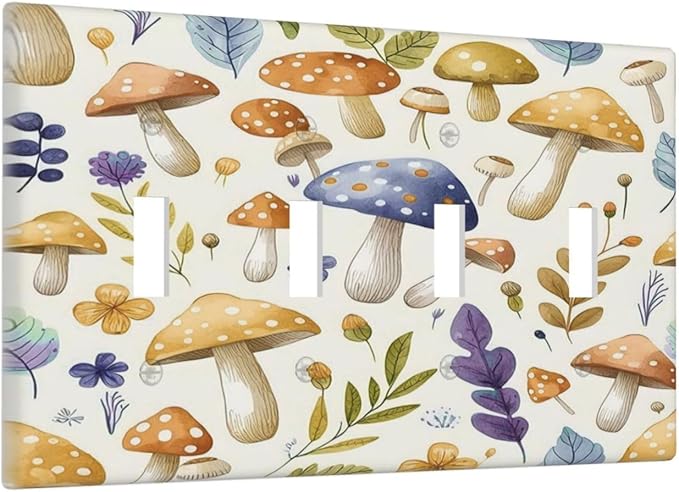 Boho Watercolor Mushroom Flowers Leaf Colorful Floral Light Switch Covers Quad Toggle Electrical Faceplate 4 Gang Wall Plate Decorative Switch Plates Cover for Kids Room Nursery Decor