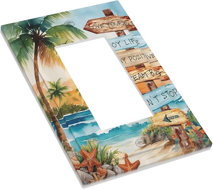 Tropical Beach Palm Tree Summer Coastal Ocean Sunset Decorative Outlet Covers 1 Gang Single Rocker Light Switch Cover Plate Wall Plates GFCI Faceplate for Bedroom Living Room Decor