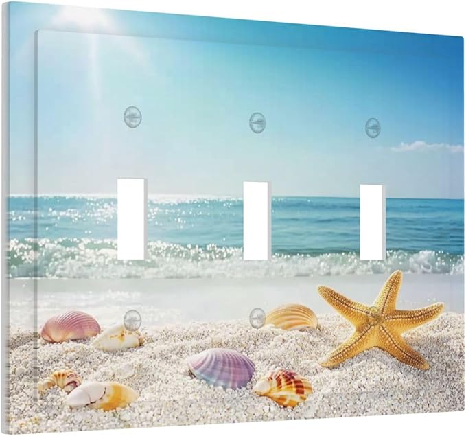 Decorative Switch Plates Summer Beach Colorful Seashell Starfish 3 Gang Wall Plate Triple Toggle Light Switch Cover Faceplate Electrical Wall Panels For Kids Room Nursery Decor