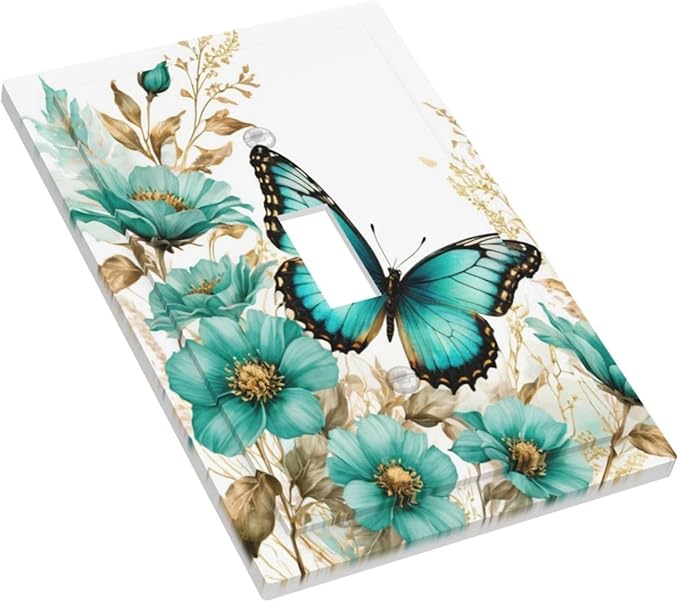 Decorative Light Switch Cover Plate - Butterfly on Blue Daisy Flower Floral Golden Leaf 1 Gang Oversized Single Toggle Wall Cover Jumbo Electrical Face Plate