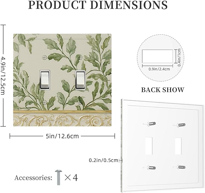 Soft Green Botanical Scroll Double Toggle Switch Cover - 2-Gang Standard US Size Regency Style Leafy Vine Design Light Switch Covers for Bedroom Living Room Decor