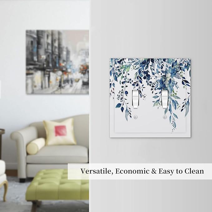 Blue Eucalyptus Watercolor Leaves Double Toggle Light Switch Cover Decorative Green Plant 2 Gang Wall Plate Electrical Faceplate Switchplate for Kidroom Bathroom Bedroom Living Room Decor
