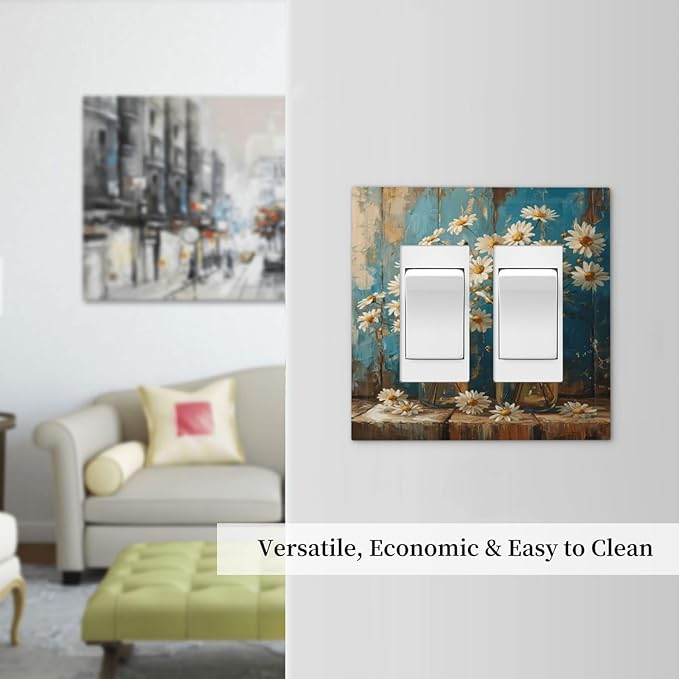 Delicate White Daisy Jars Retro Wood Background Decorative Outlet Covers 2 Gang Double GFCI Rocker Electrical Wall Panels Light Switch Cover Plate for Farmhouse Home Decor