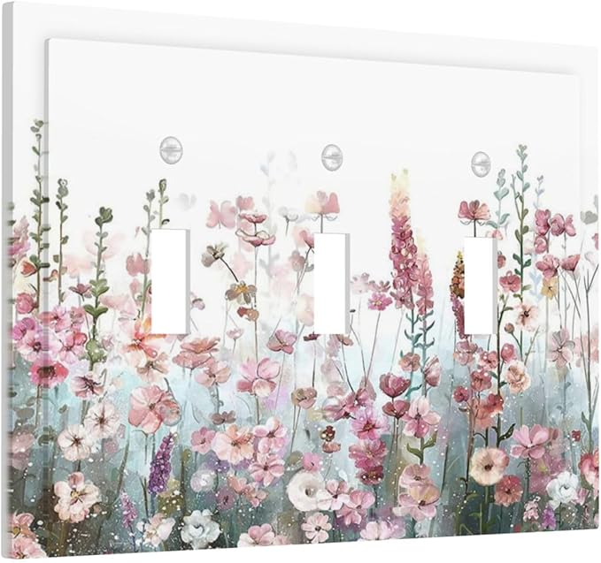 Colorful Flowers Pink Floral Watercolor Plant Decorative Switch Plates 3 Gang Wall Plate Triple Toggle Light Switch Cover Faceplate Electrical Wall Panels for Bed Room Living Room Decor