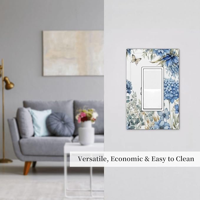 Decorative Outlet Covers Boho Blue Flowers Rustic Beige Butterfly Leaves 1 Gang Single Decora GFCI Device Light Switch Covers Plate 1 Rocker Wall Plate Jumbo Switch Cover Plate