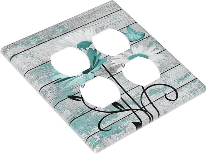 Teal White Daisy Flower Butterfly On Rustic Wood Board Outlet Covers 2 Gang Double Duplex Decorative Light Switch Covers Electrical Wallplates Socket Faceplate for Farmhouse Bedroom Decor