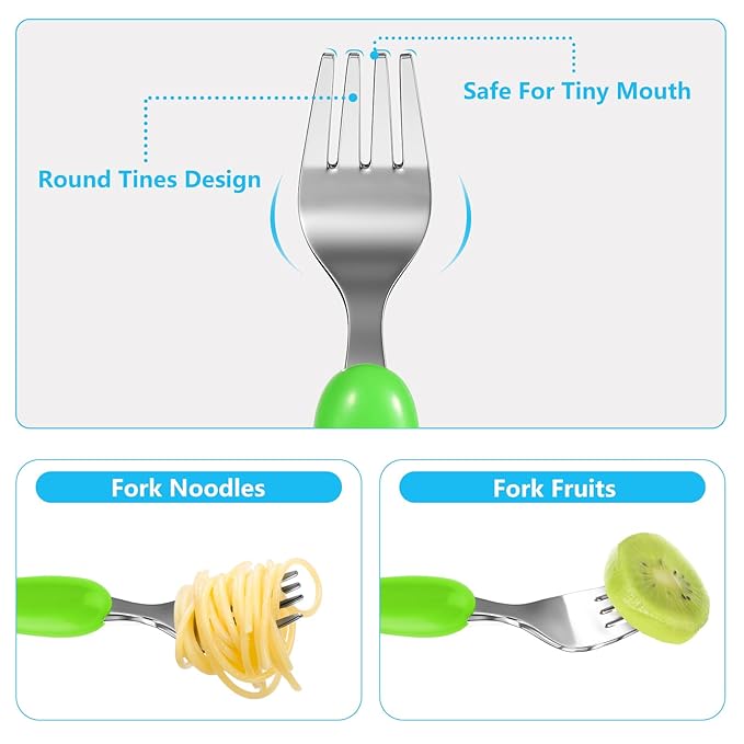 Lehoo Castle 6 Pieces Toddler Utensils, Kids Silverware for 2 3 4 Years Old, Stainless Steel Fork and Spoon Set with Plastic Handle, Safe Toddler Cutlery (Dinosaur)
