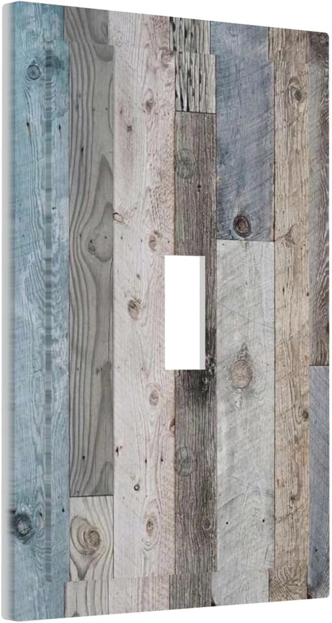 Vintage Rustic Kitchen Teal Blue Brown Wooden Wood Decorative Single Toggle One Device Decorator Outlet Light Switch Cover 1 Gang Wall Plate Old Country Barn Cabin Receptacle Face Switch Plate Cover