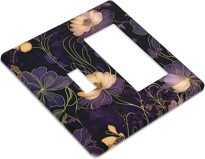 Modern Boho Vintage Gold Purple Dark Floral Modern Abstract Flowers Outlet Covers 1 Toggle 1 Rocker Combination Electrical Switch Plates Light Switch Cover Plate Decorative Wall Plate for Bedroom