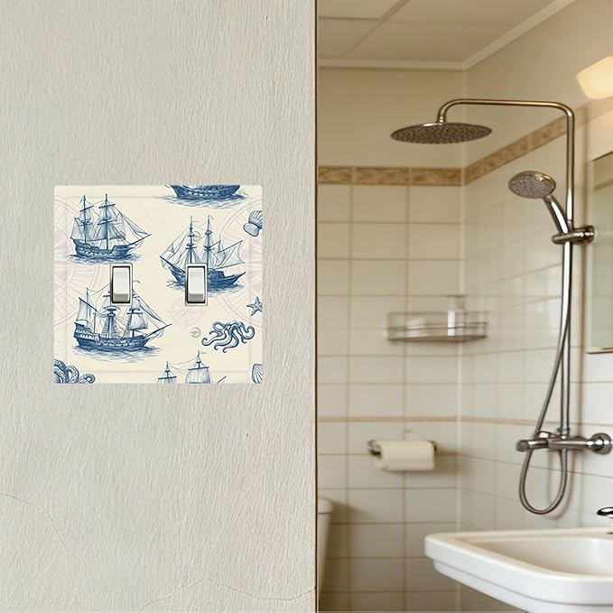 Vintage Nautical Ships Double Toggle Switch Cover - 2-Gang Standard US Size Old World Sailing Vessels Light Switch Covers, Blueprint Design for Beach House Decor