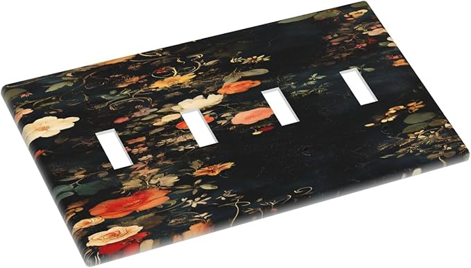 Vintage Orange Pink Black Roses Floral Flower Light Switch Covers Quad Toggle Electrical Faceplate 4 Gang Wall Plate Decorative Switch Plates Cover for Farmhouse Bedroom Decor