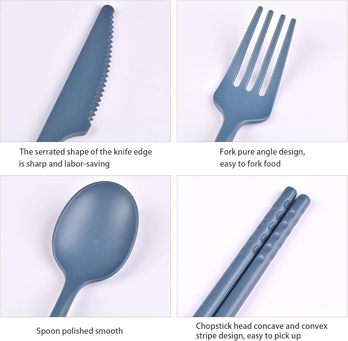 Camping Utensil Set, Reusable Utensils Set with Case, Plastic Cutlery Set Forks Spoon Tableware Chopsticks, Portable Cutlery Set for Travel Picnic Camping or Daily Use (Dark Blue)