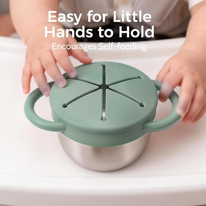 2 Pack Stainless Steel Spill Proof Snack Cup for Baby Toddlers Kids, with Silicone Food Catcher, Travel Lid, Spill-Proof Bowl Containers, Non Toxic BPA Free (Ash Green and Off-white)