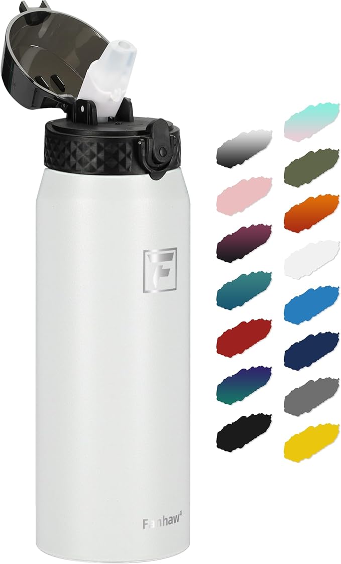 Fanhaw 24 oz Insulated Stainless Steel Water Bottle with Straw Lid, Leakproof & Anti-Dust Sports Bottle for Kids, Women & Men (White)