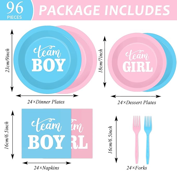 96 PCS Gender Reveal Party Supplies Gender Reveal Plates and Napkins Baby Shower Party Tableware Boy or Girl Disposable Paper Plates Napkins for Party Decorations Supplies Favors for 24 Guests