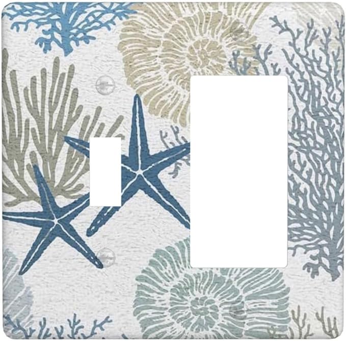 Blue Nautical Beach Coral Starfish 2 Gang Single Toggle/Rocker Combination Light Switch Cover Decorative Combo Wall Plate Cover Electrical Faceplate Room Decor