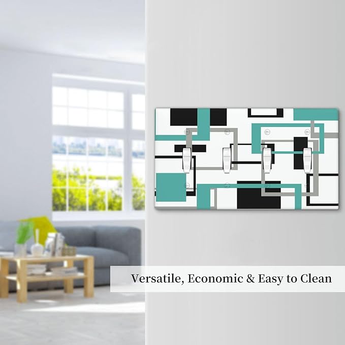 Geometric Turquoise Black Gray Modern Abstract Boho Light Switch Covers Quad Toggle Electrical Faceplate 4 Gang Wall Plate Decorative Switch Plates Cover for Office Nursery Decor