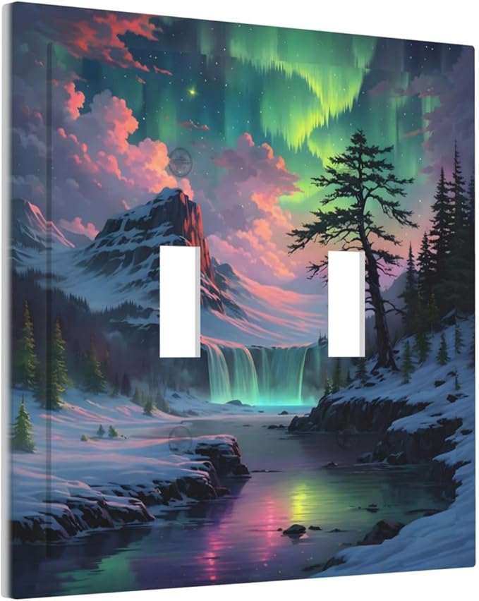 Snow Mountain Aurora Waterfalls Rivers Forest Decorative Switch Plates 2 Gang Double Toggle Outlet Light Switch Cover Wall Plate Electrical Faceplate for Bedroom Living Room Decor