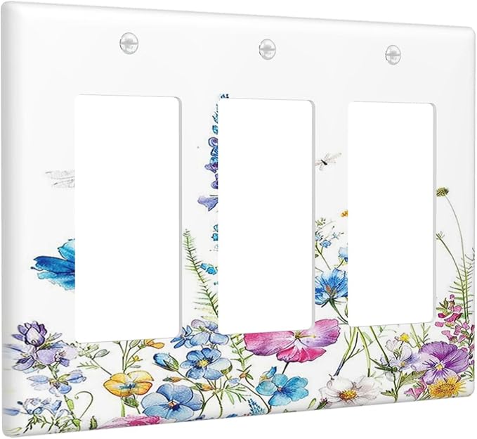 Light Switch Covers Boho Colorful Flowers Plants And Dragonflies 3 Gang Rocker Electrical GFCI Decorative Triple Outlet Wall Plate Cover Switchplate for Bedroom living Room Decor