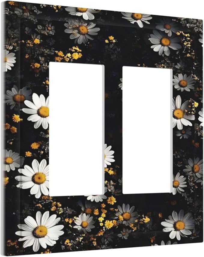 White Black Daisy Wildflower Modern Chrysanthemum Decorative Outlet Covers 2 Gang Double GFCI Rocker Electrical Wall Panels Light Switch Cover Plate for Bedroom Farmhouse Decor