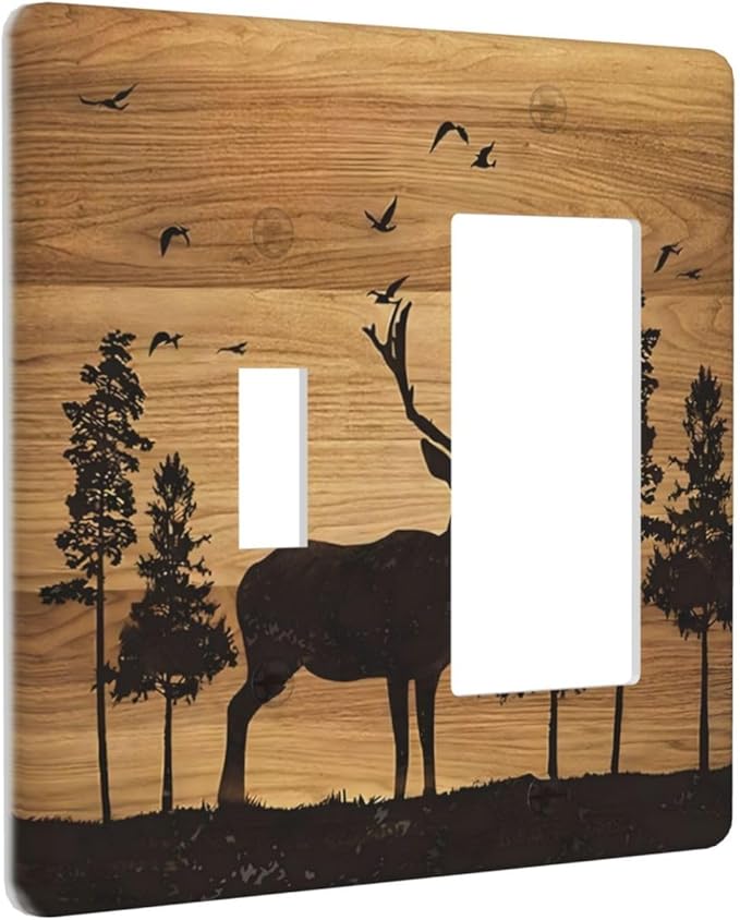 Elk Moose Forest Hunting Pyrography Art Wood Texture Print Outlet Covers 1 Toggle 1 Rocker Combination Decorative Wall Plate Electrical Switch Plates Light Switch Cover Plate for Farmhouse Bedroom