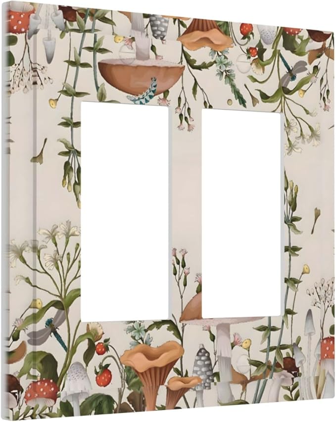 Boho Mushroom Forest Plants Wildflowers Insects Decorative Outlet Covers 2 Gang Double GFCI Rocker Electrical Wall Panels Light Switch Cover Plate for Kids Room Home Decor