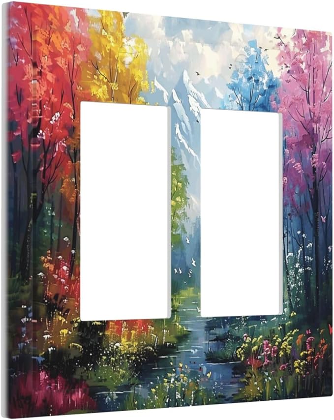 Colorful Forest Snow Mountain River Oil Painting Style Decorative Outlet Covers 2 Gang Double GFCI Rocker Electrical Wall Panels Light Switch Cover Plate for Bedroom Living Room Decor
