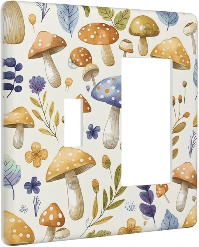 Boho Watercolor Mushroom Flowers Leaf Colorful Floral Outlet Covers 1 Toggle 1 Rocker Combination Decorative Wall Plate Electrical Switch Plates Light Switch Cover Plate for Kids Room Nursery Decor